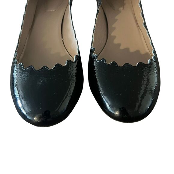 Chloe Lauren Black Patent Shiny Leather Scalloped Trim Block Heel Pumps Size 38 - Picture 6 of 13